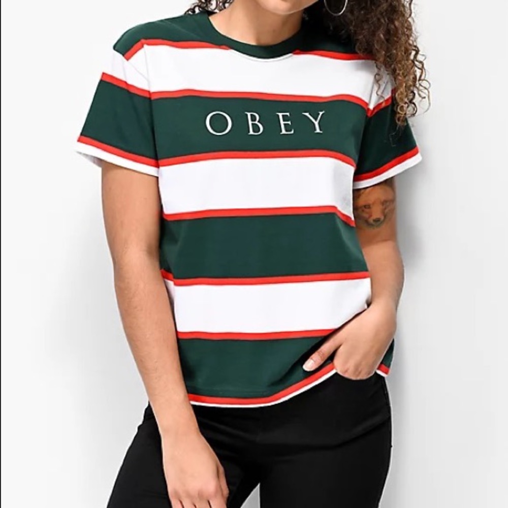 Obey acid box green and red stripe shirt